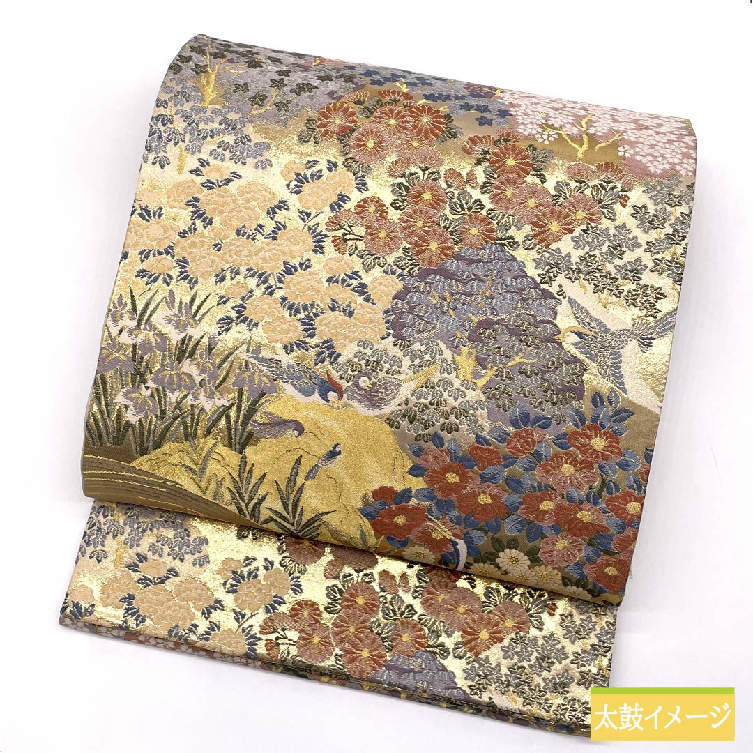 袋帯 正絹 金色(きんいろ) 鶴 鳳凰 鴛鴦 風景 帯丈432cm Sランク 六通 フォーマル 金系 1123012062321