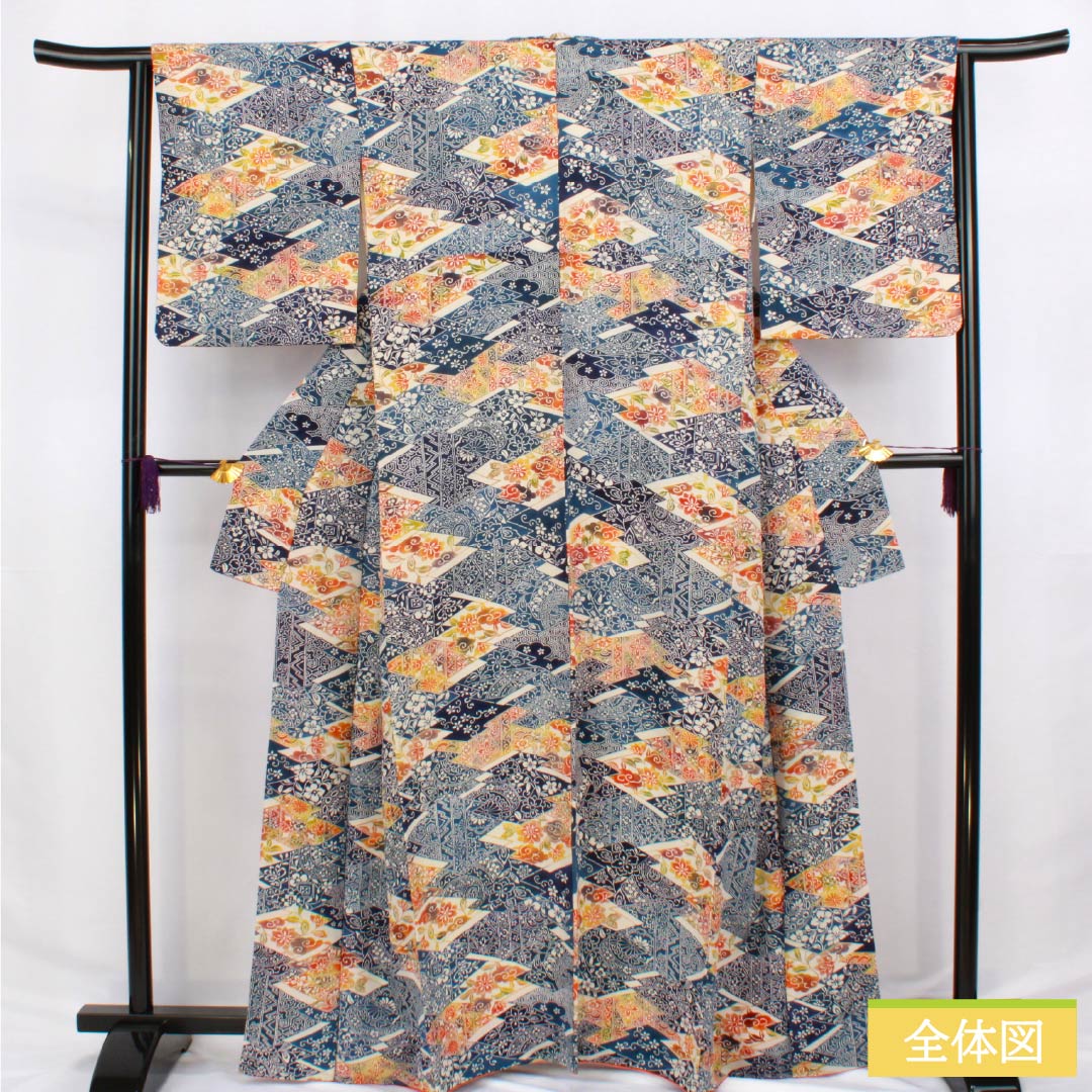 Komon (small pattern) kimono, pure silk, length 165cm, sleeve length 63cm, lined, navy blue (kon-iro) and Berlin blue (berensu-iro), stencil dyeing, Shosoin pattern, A rank, blue, 1115006203517