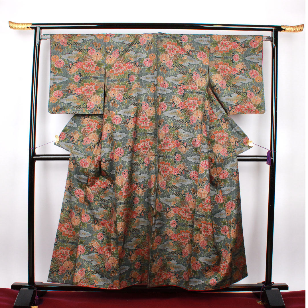 大島紬 身丈156.5cm 裄丈64.5cm 経緯絣 草花模様 正絹 Aランク 袷 緑系 1116001853319