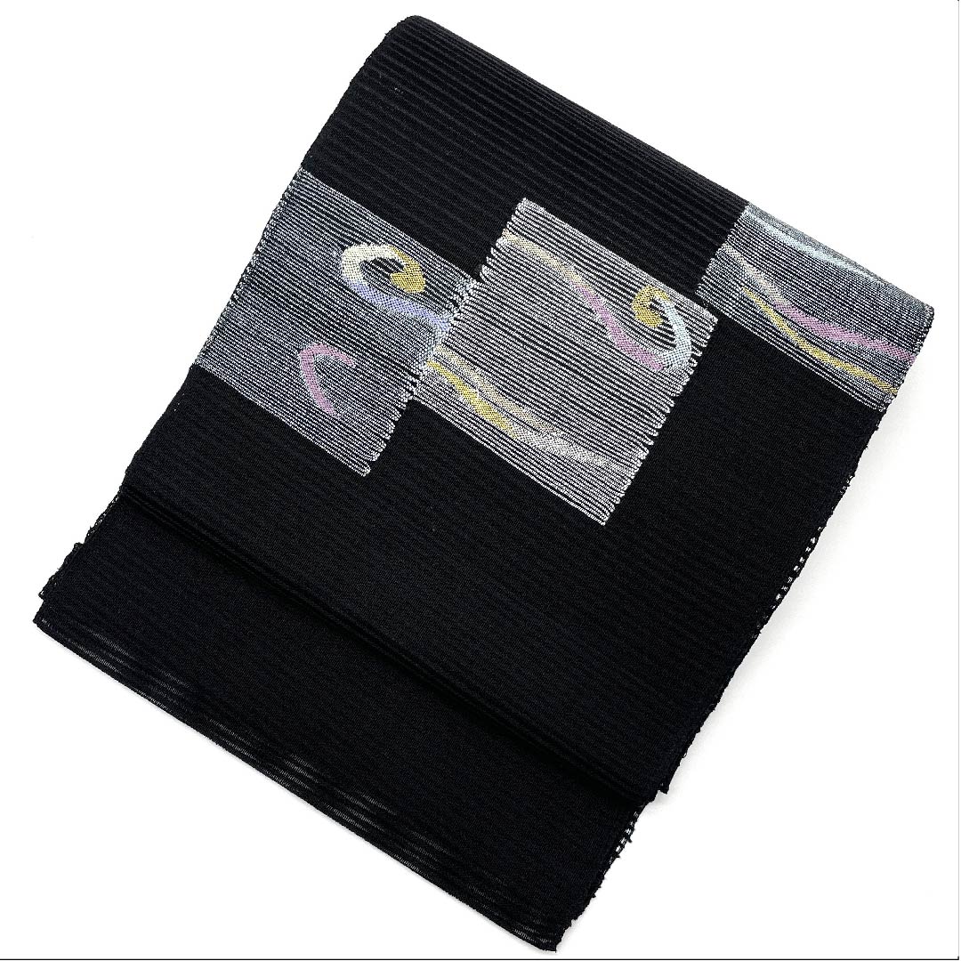 名古屋帯 黒色 夏帯 絽 四角 抽象模様 帯丈364cm 正絹 Aランク ポイント柄 セミフォーマル 黒系 1124004183310 開き仕立て