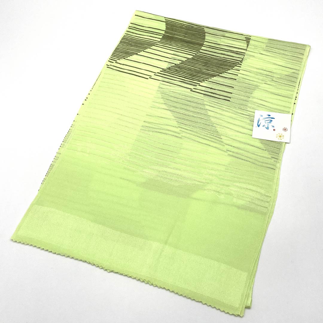 (新品)帯揚げ 正絹 セミフォーマル 若菜色(わかないろ) 夏物 曲線 幾何学模様 長さ約168cm 幅約28.5cm NEWランク 緑系 1136000841919