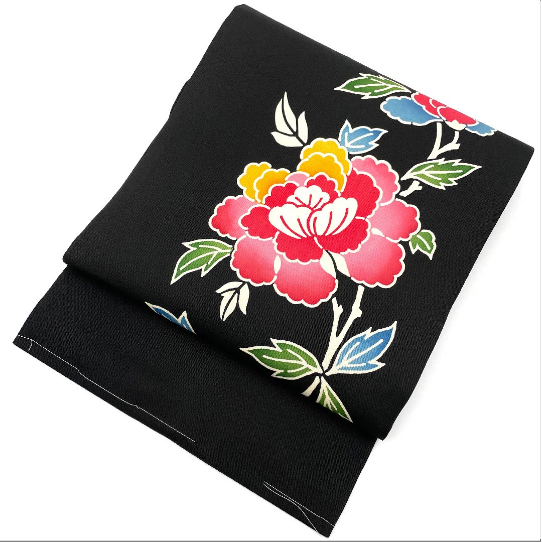 名古屋帯 黒色 型染 草花模様 帯丈370cm 正絹 優品 全通 カジュアル 黒系 1124004323310 名古屋仕立て