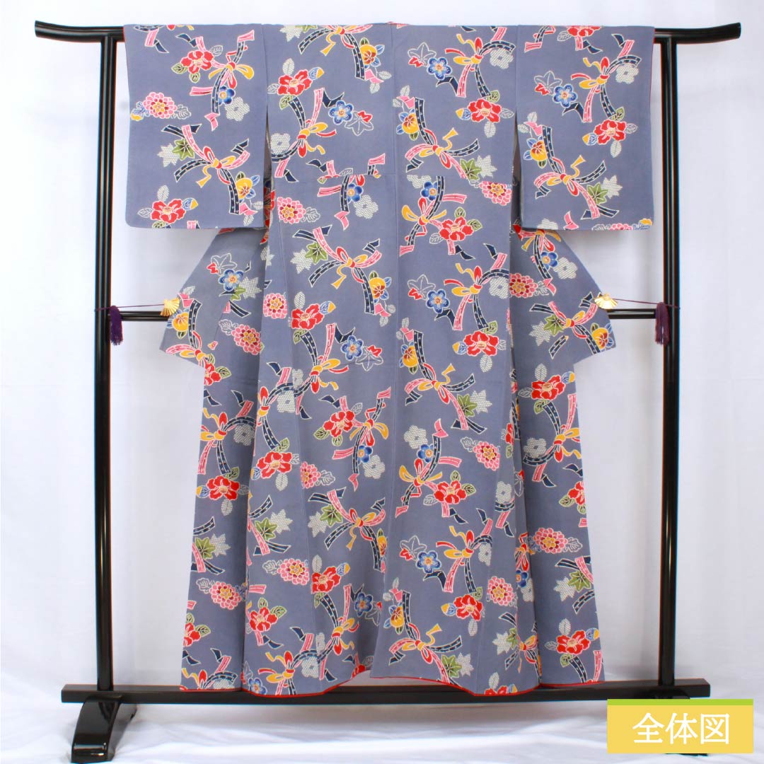 小紋 正絹 身丈152.5cm 裄丈62cm 袷 江戸納戸色(えどなんどいろ) 型染 紅型調 熨斗 椿 Bランク 青系 1115005604217