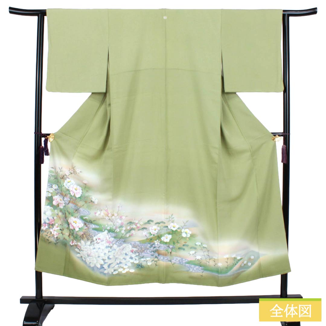 色留袖 正絹 Sランク 身丈149cm 裄丈63cm 袷 浅藍色(あさきあいいろ) 京友禅 流水 草花模様 一つ紋 五三桐 比翼付き 一つ紋 緑系 1111002142119