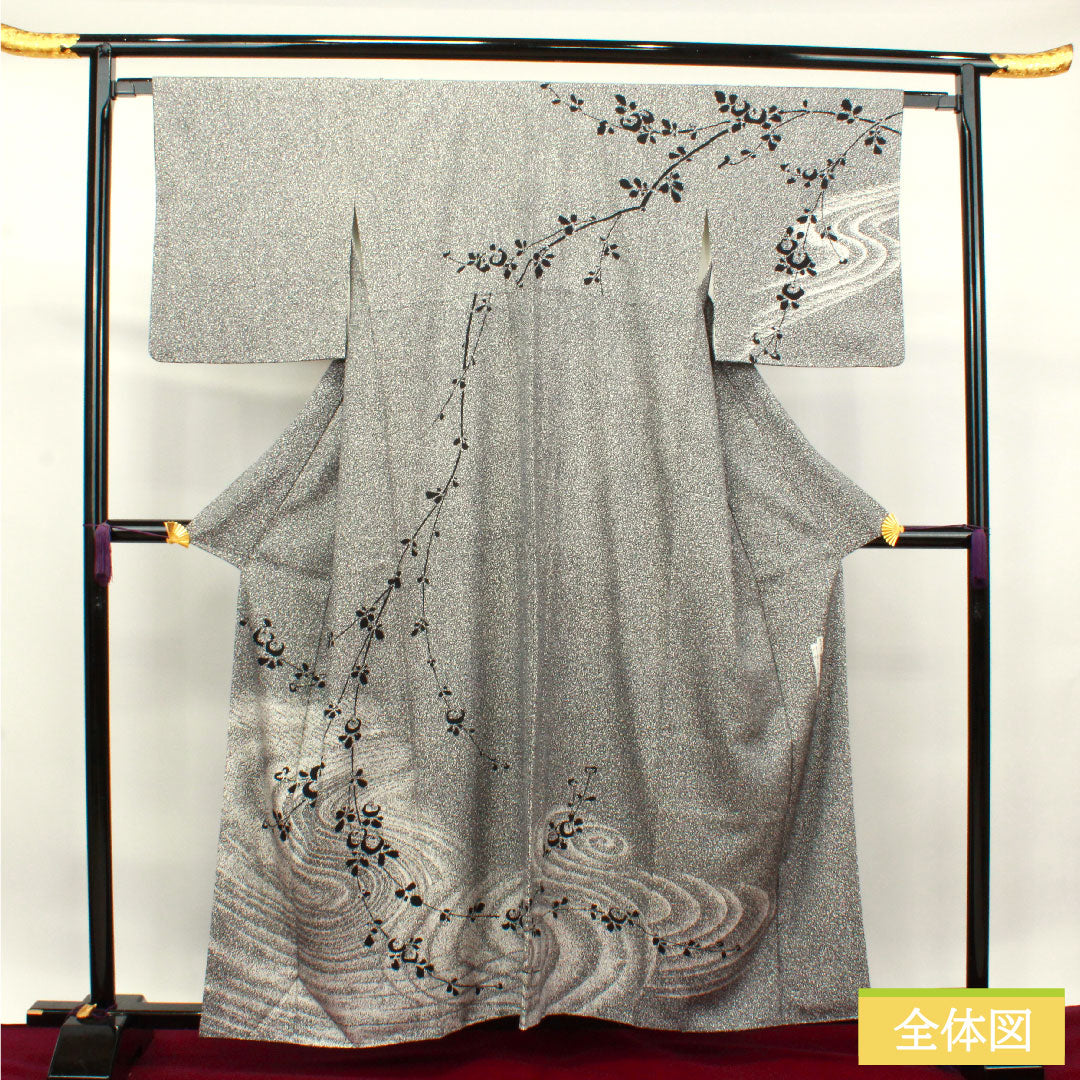 Homongi, pure silk, lined, length 159cm, sleeve length 64cm, Kawamura Kyutaro, tataki-dyed, with basting thread, unused, S rank, black, 1112003312310
