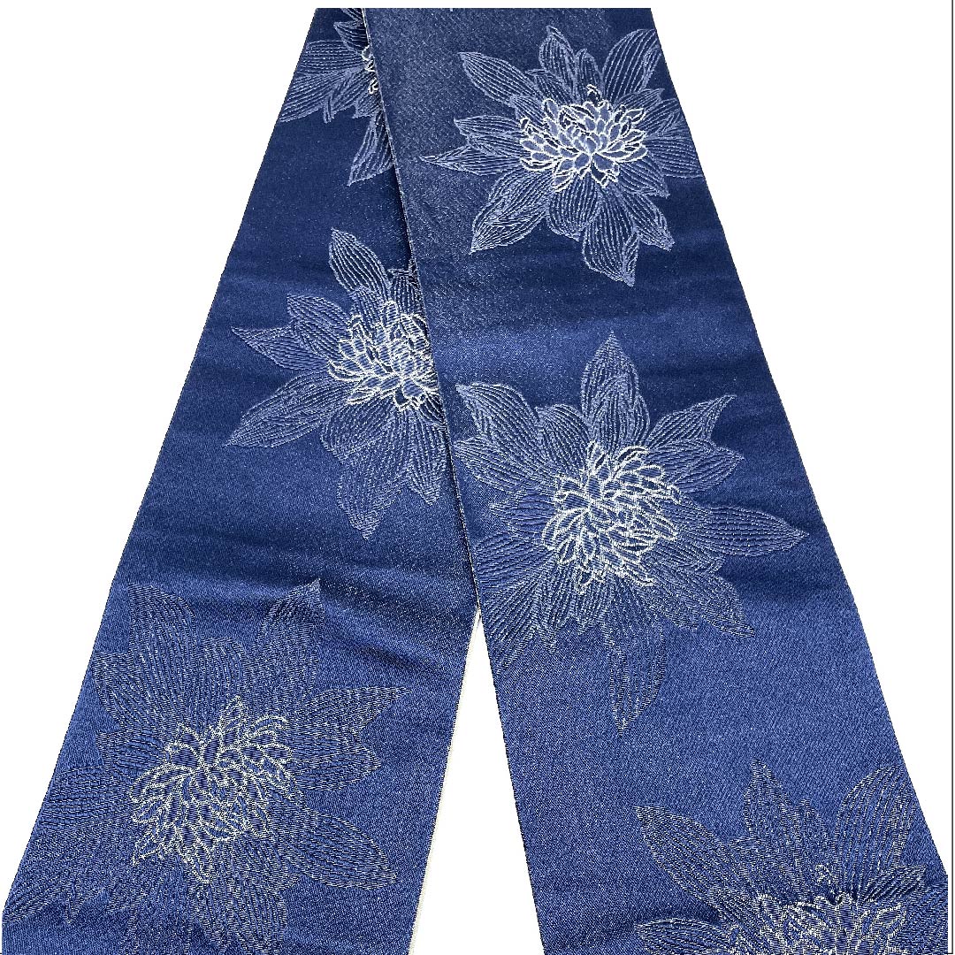 半幅帯 ポリエステル 鉄葡萄色(てつぶどういろ) 花柄 象牙色(ぞうげいろ) 亀甲に花 リバーシブル 長尺 帯丈400cm 紺系 Sランク 1125001292318