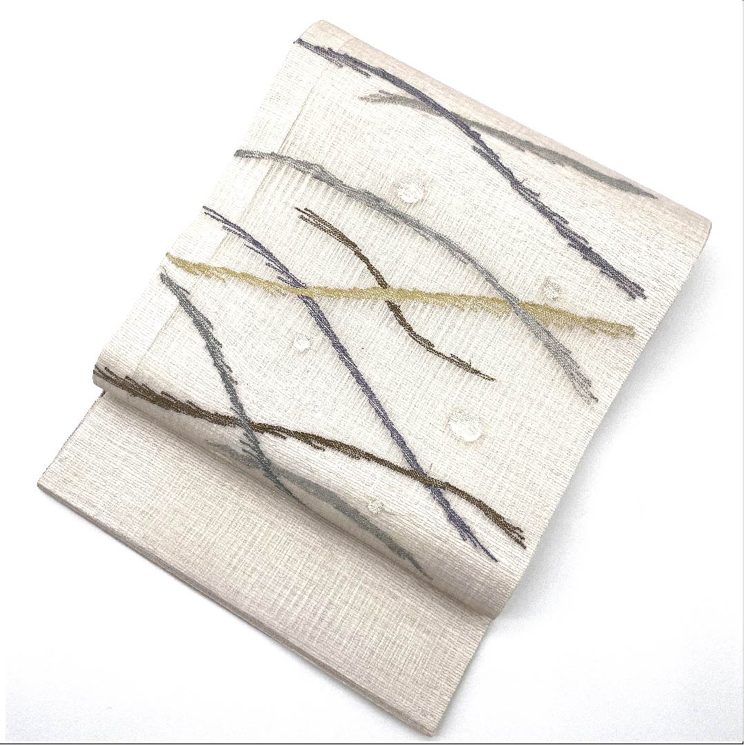 袋帯 胡粉色(ごふんいろ) 夏帯 抽象模様 リバーシブル 夏物 帯丈444cm 正絹 Sランク ポイント柄 カジュアル 白系 1123007702311