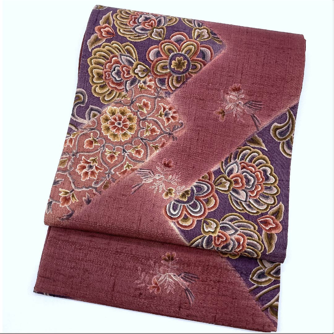 袋帯 蘇芳色(すおういろ) 紬地 唐花模様 小鳥模様 帯丈439cm 正絹 Sランク ポイント柄 カジュアル 紫系 1123009422320