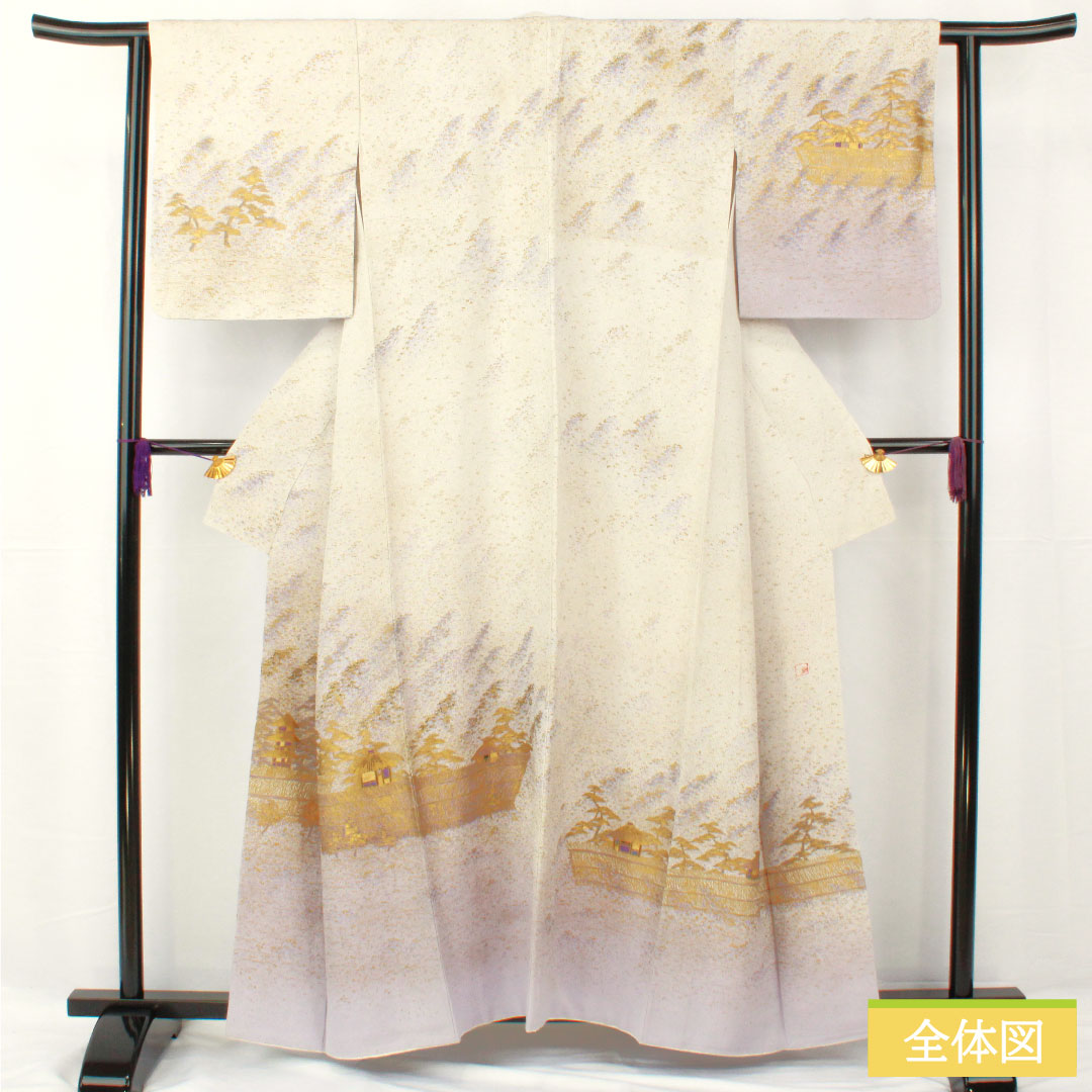 訪問着 正絹 袷 身丈158cm 裄丈62cm 銀白色(ぎんはくしょく) 京友禅 風景模様 パールトーン加工 作家物 Aランク グレー系 1112004963322