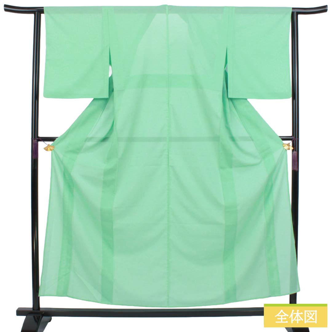 【三花】美品　洗える着物　絽縮緬　色無地　夏着物　高級ポリエステル　緑　リユース リサイクル着物】夏物 ポリエステル 色無地 Sランク 身丈157cm 裄丈
