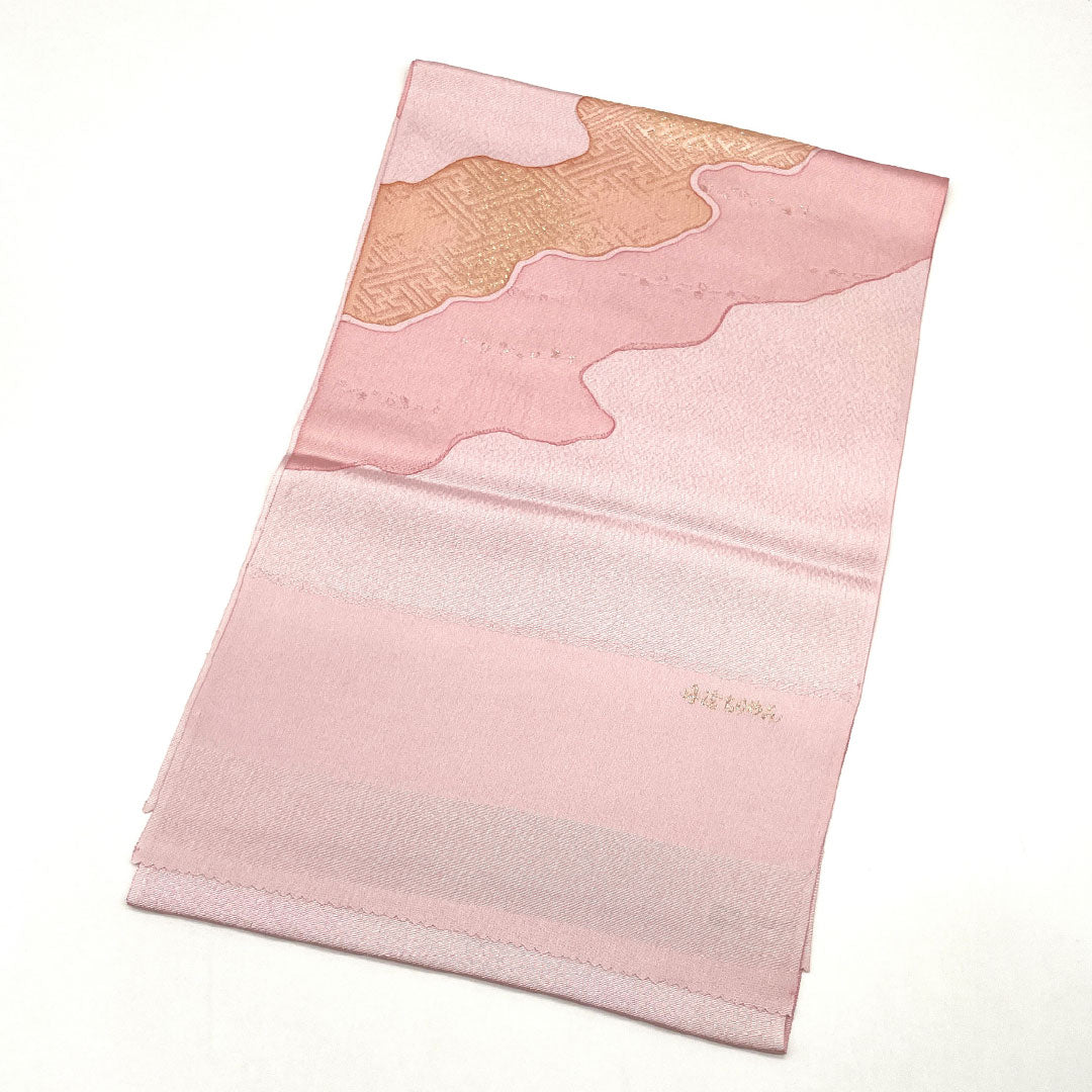 (Like New) Semi-Formal Silk Obiage (Sash) in Arasomeiro (Faded Red) with Tango Chirimen Chirimen Fabric, Classic Pattern, Long Length: Approx. 191cm, Width: Approx. 29.5cm, Pink, Product Number: 1136001241913