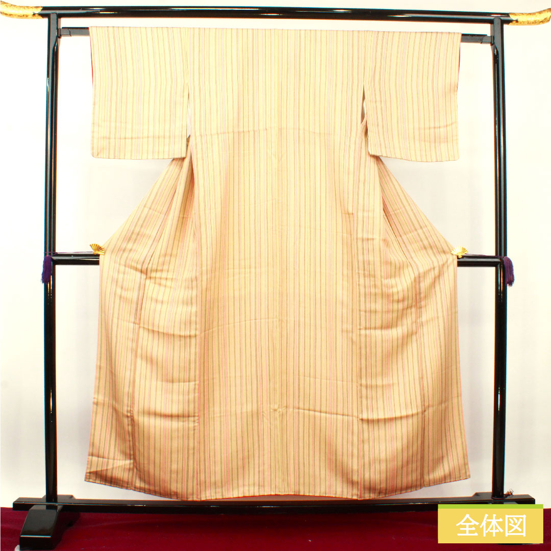 Komon, pure silk, length 154.5cm, sleeve length 61cm, lined, flaxen, striped, with basting thread, unused, S rank, beige, 1115004142225