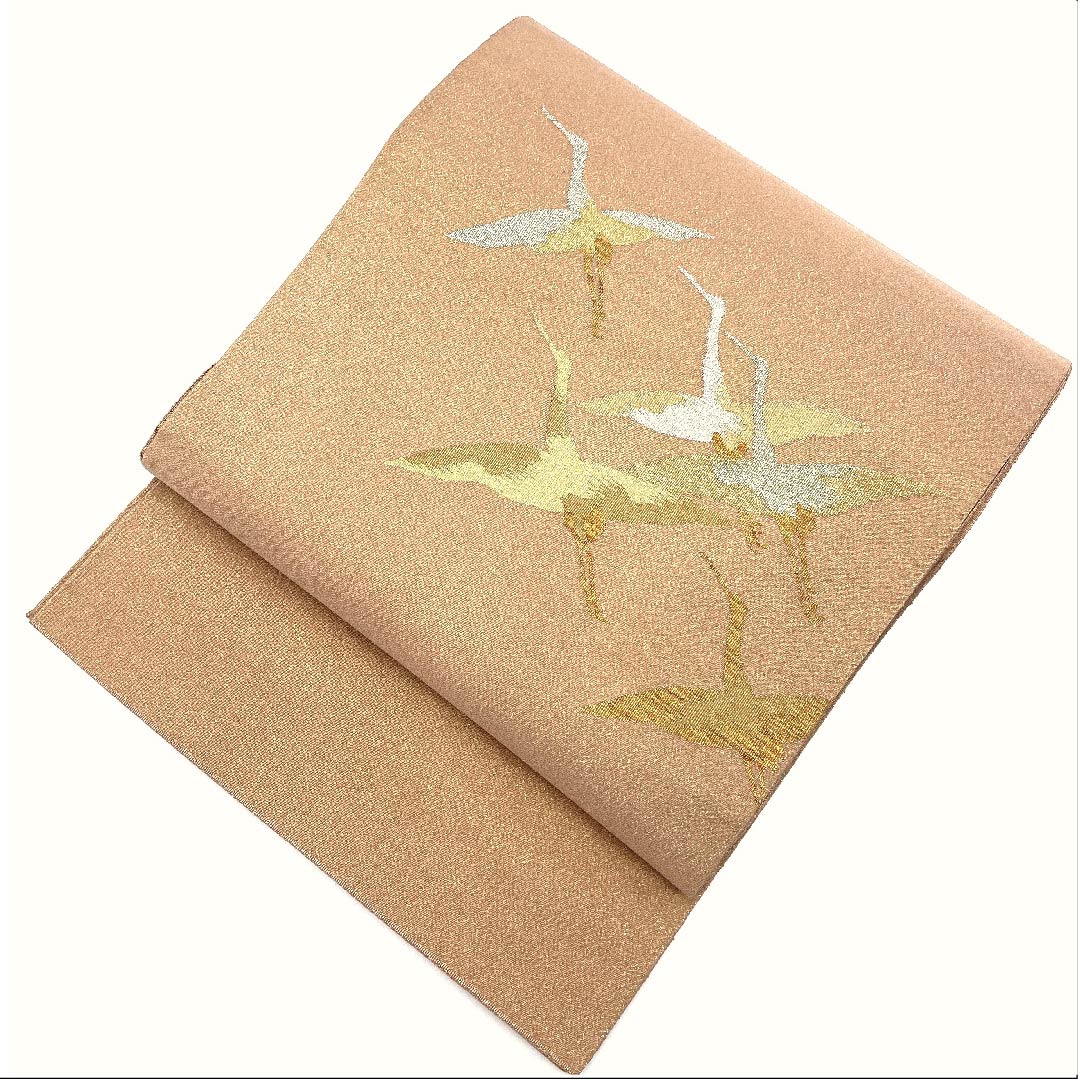 袋帯 薄赤色(うすあかいろ) 鶴 金糸 帯丈452cm 正絹 Sランク ポイント柄 フォーマル 茶系 1123007622414