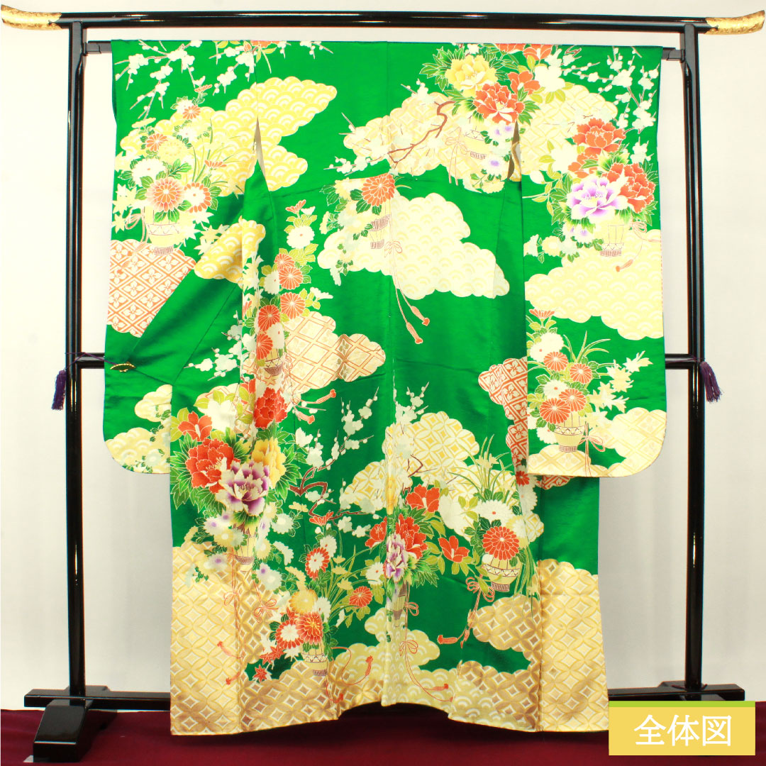 振袖 正絹 身丈161.5cm 裄丈65cm 袷 濡葉色 京友禅 吉祥文様 Aランク 緑系 1113001973419