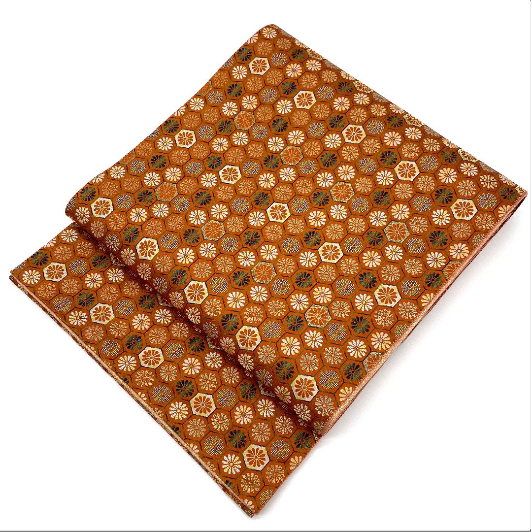 (未仕立)袋帯 赭色(そおいろ) 亀甲 菊 帯丈464cm 正絹 Aランク 全通 セミフォーマル 茶系 1123006573414