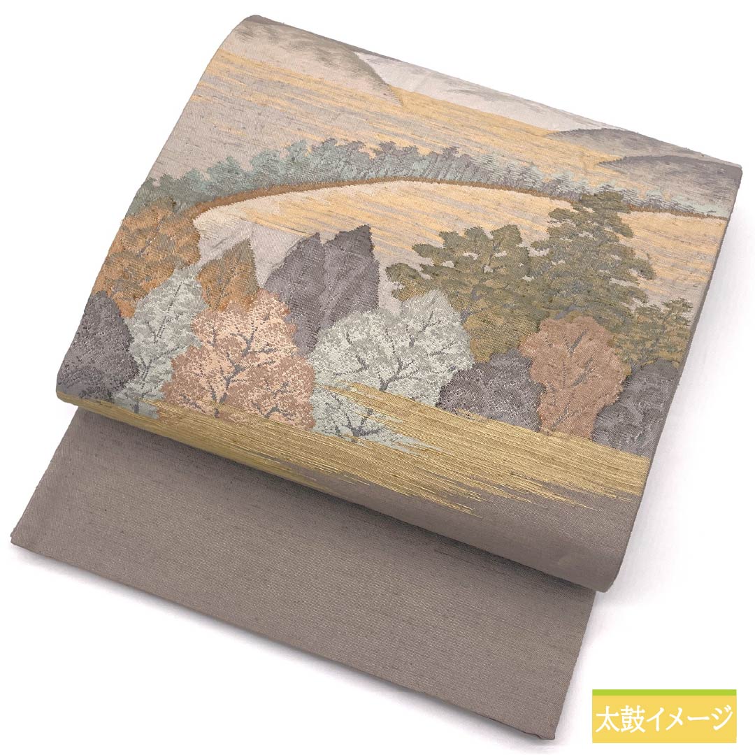 袋帯 正絹 Aランク 桜鼠色(さくらねずいろ) 紬地 ふくれ織 遠山 風景 帯丈440cm ポイント柄 カジュアル ピンク系 1123015373313