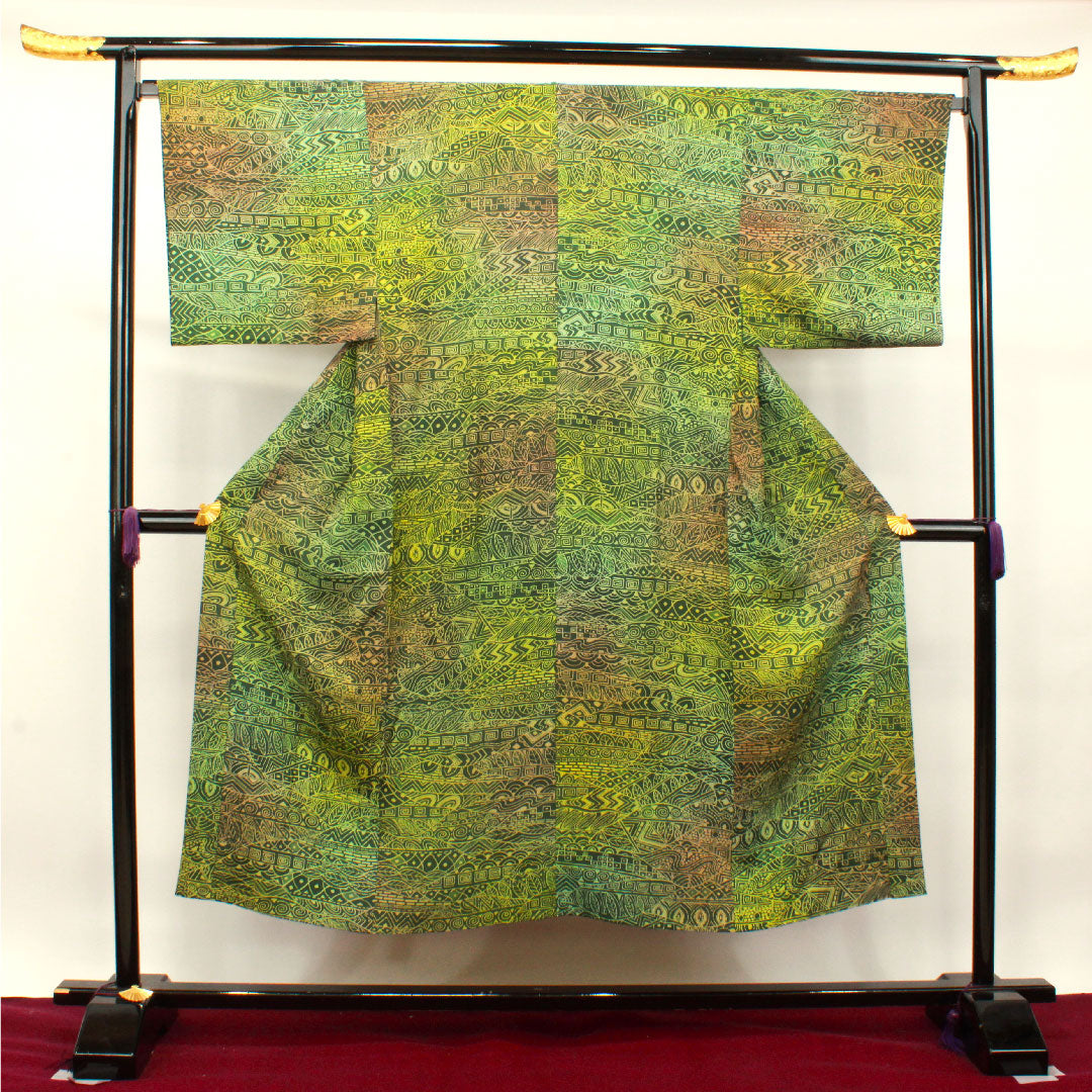 長襦袢 正絹 身丈148cm 裄丈70cm 単衣 男物 抽象模様 ボカシ染 Sランク 緑系 1129000582819