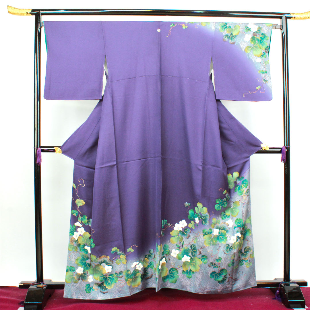 訪問着 正絹 袷 身丈159.5cm 裄丈67cm 緋紺色 中村乃武夫 草花模様 作家物 桔梗に三つ鱗 Sランク 紫系 1112002782320