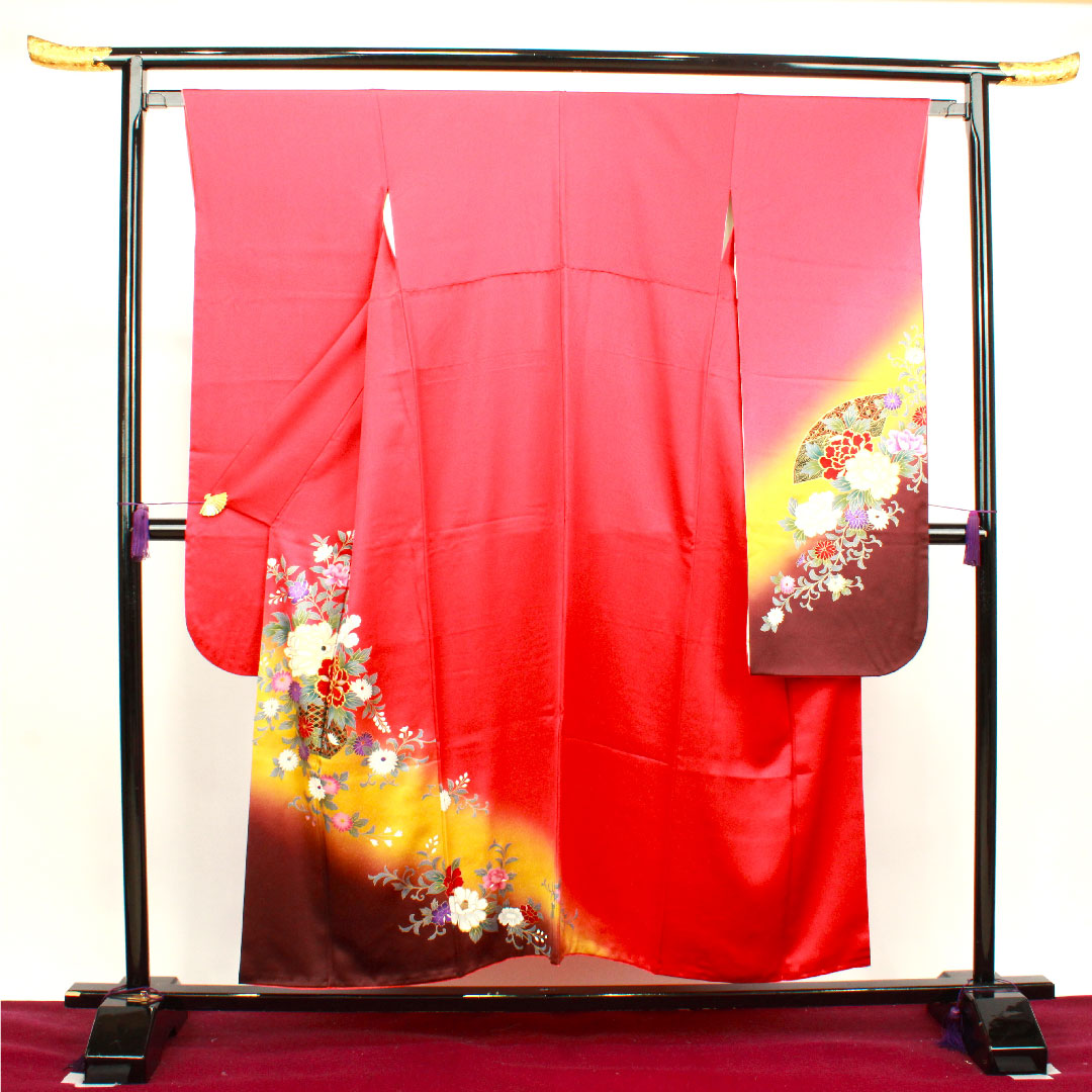 振袖 身丈153.5cm 裄丈63cm 袷 赤紅色 京友禅 草花模様 正絹 Aランク 赤系 1113001523212