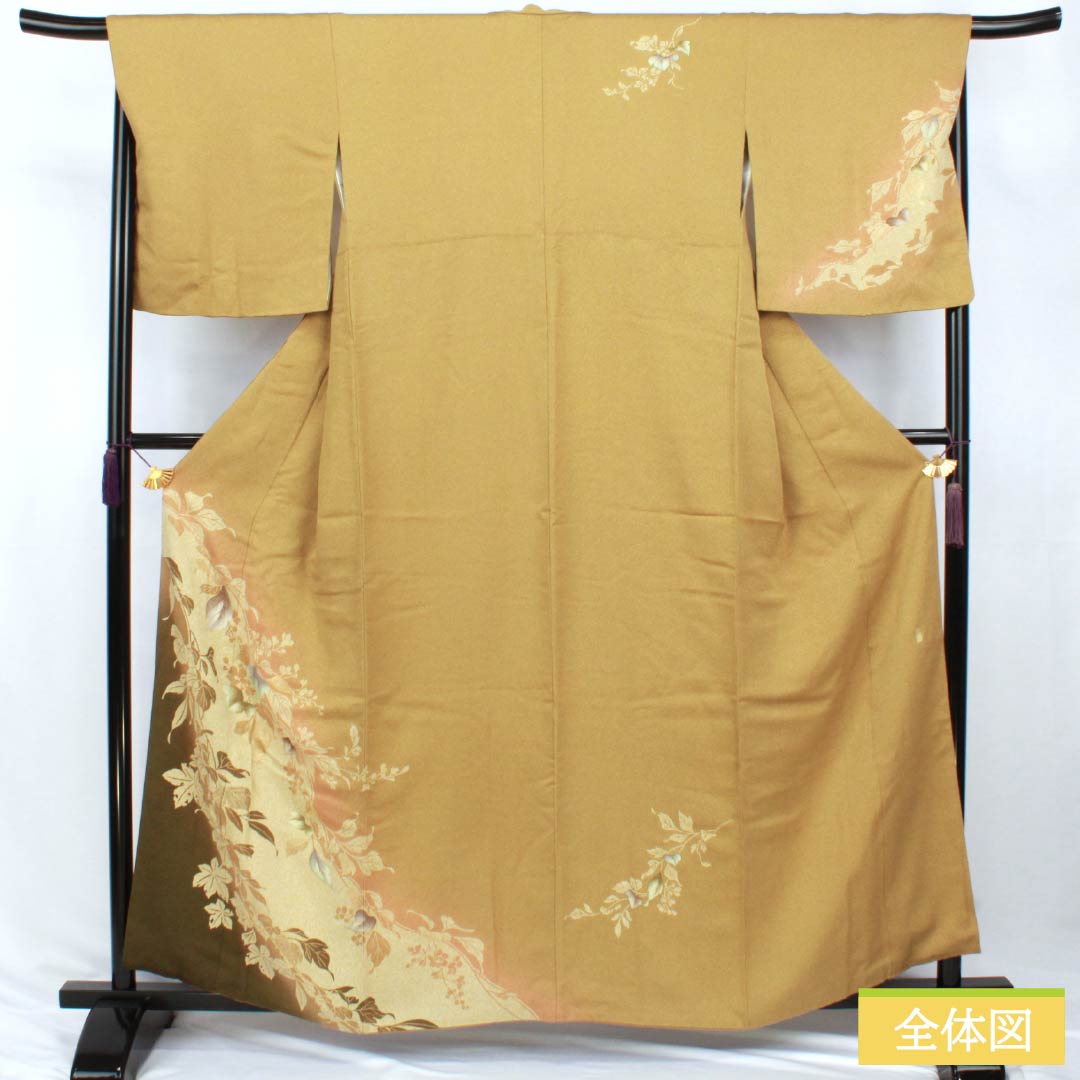 Homongi Silk S-rank Awa Length 159cm Sleeve-to-shoulder 67cm Umeya Shibuiro (Plum & Astringent Color) Tsukesage Kyo-Yuzen Makiro Chirimen Artisan piece Floral Yellow 1112007652323