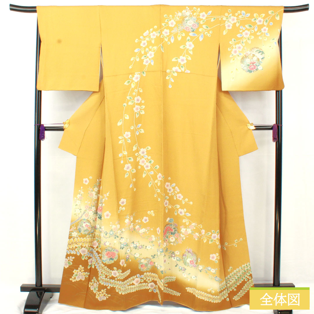 訪問着 正絹 袷 身丈163cm 裄丈69cm 黄唐紙色(きからかみいろ) 京友禅 桜 菊 撫子 ニューはればれ加工 Sランク 黄系 1112005152423