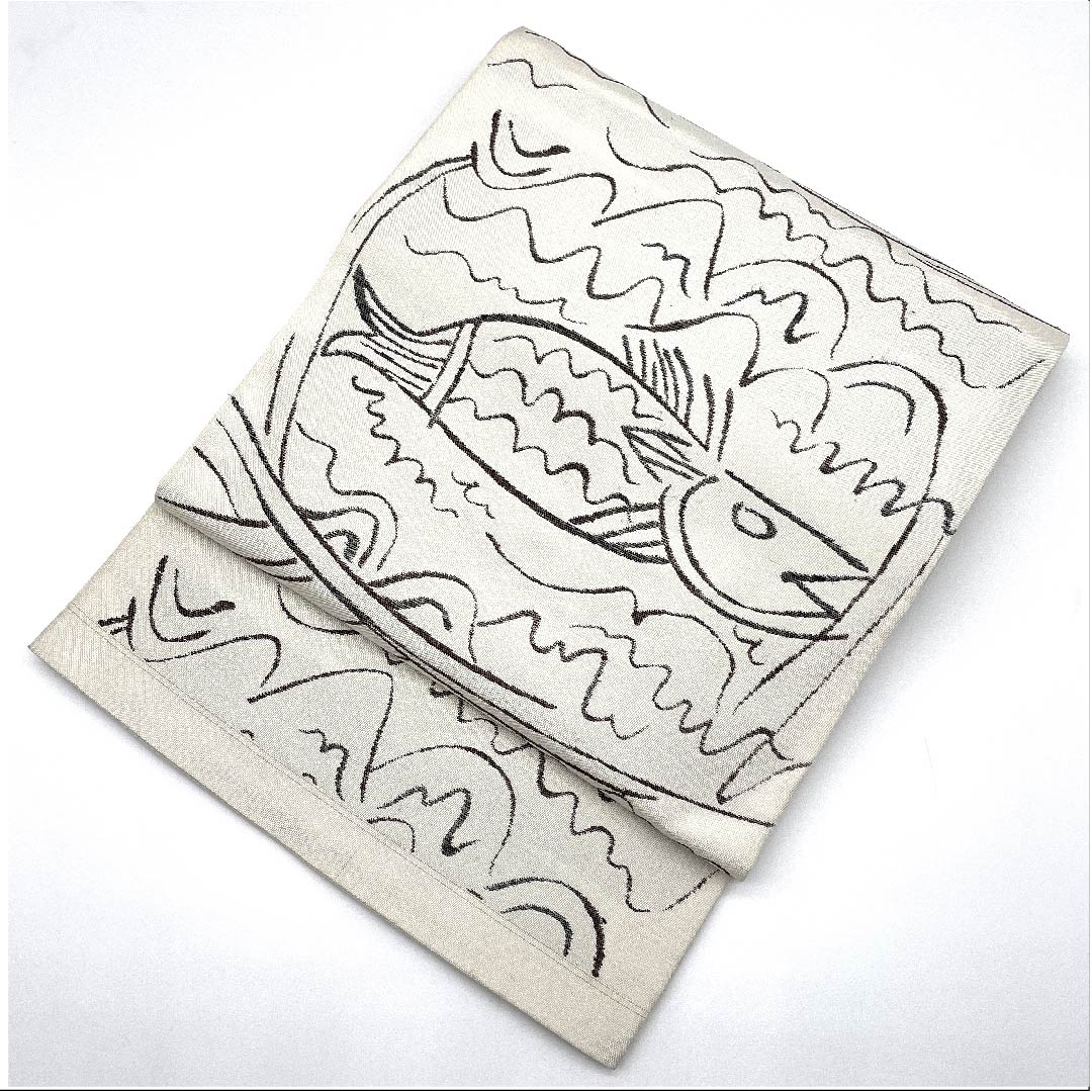 Fukuro Obi (milky white obi) with fish motif, Katsuyama Orimono, obi length 434cm, pure silk, A rank, six-pass, casual, white, 1123008073311