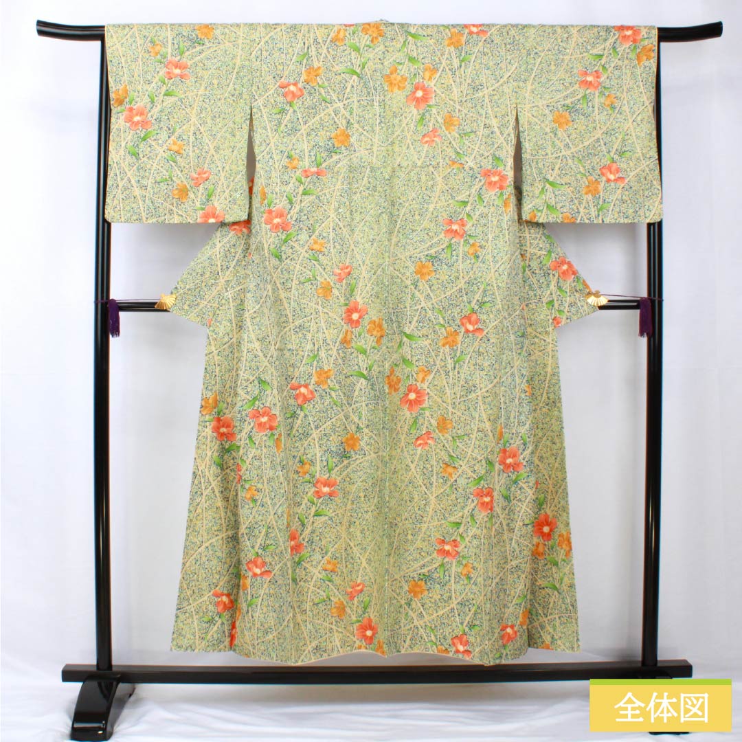 小紋 ポリエステル 身丈150.5cm 裄丈66cm 袷 紺瑠璃色(こんるりいろ) 型染 芝 草花 Sランク 紺系 1115005442118