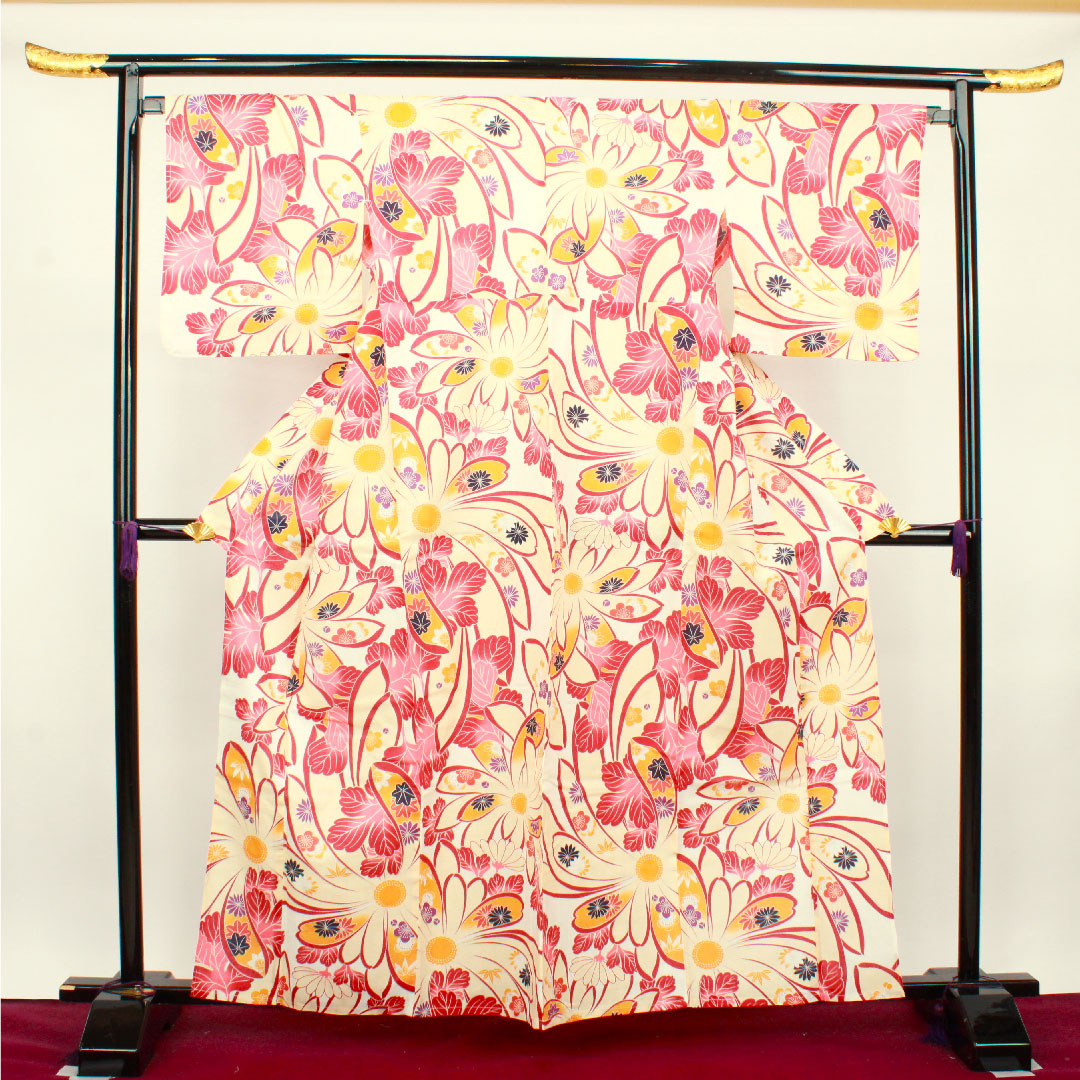 Yukata Flower Pattern Cotton S Rank Single Layer Length 162cm Sleeve Length 65.5cm White 1118001152411