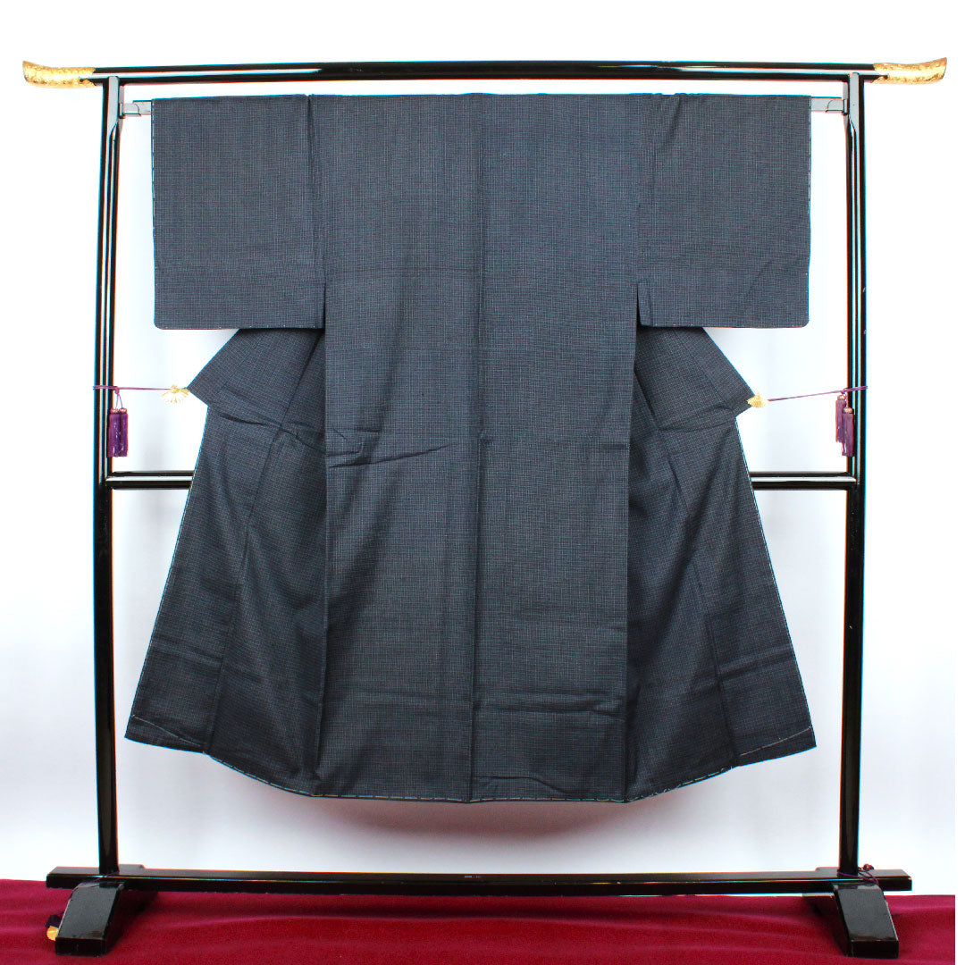 男物 身丈137.5cm 裄丈66.5cm 格子 正絹 Sランク 袷 紺系 1119000422318