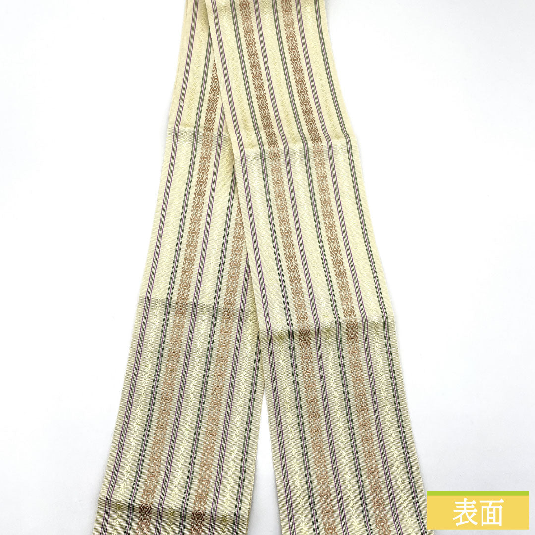 【未仕立】半幅帯 正絹 NEWランク 薄卵色(うすたまごいろ) 本場筑前博多織 献上柄 独鈷 孝行縞 華皿 帯丈380cm 黄系 1125001881323