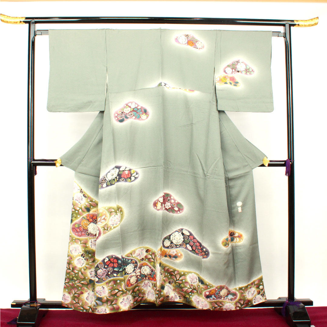 訪問着 袷 身丈159.5cm 裄丈64cm 浅葱鼠色 桐屋翠山工房 辻ヶ花 正絹 Aランク グレー系 1112002113322