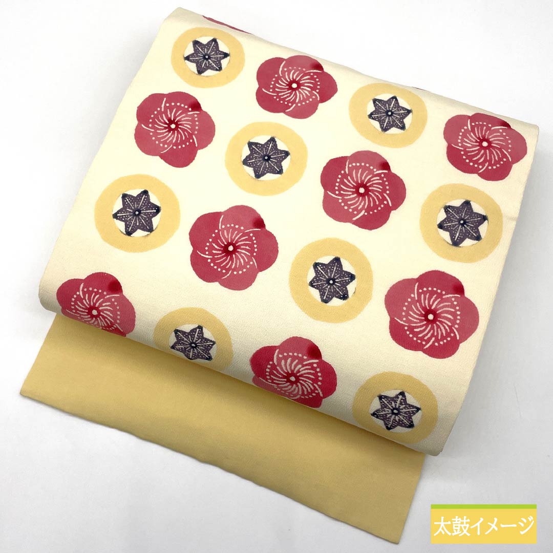 名古屋帯 生成り色(きなりいろ) 型染 ちりめん地 ねじり梅 帯丈360cm 正絹 Sランク 全通 カジュアル クリーム系 1124007702315 名古屋仕立て