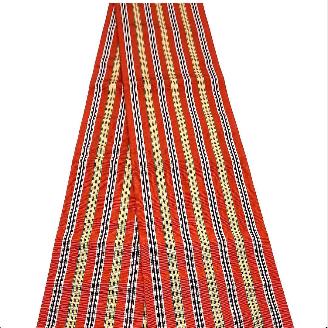 (未仕立)半幅帯 正絹 帯丈346cm 真朱色(しんしゅいろ) 縞 博多織 橙系 Sランク 1125001412326