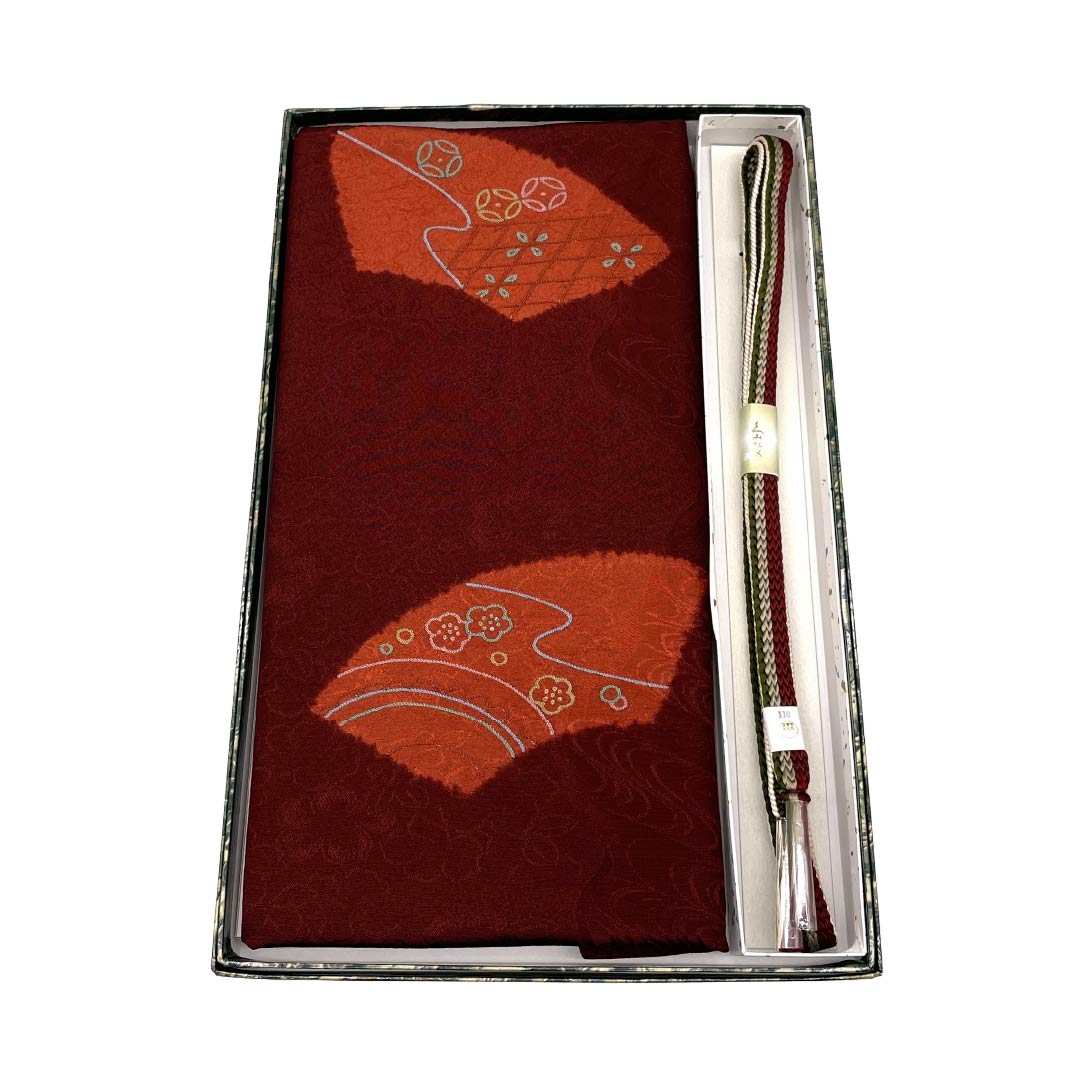 (新古品) 帯締め・帯揚げセット 正絹 NEWランク 紅海老茶色(べにえびちゃいろ) 渡敬謹製 古典柄 扇 長さ約164cm 幅約1.5cm カジュアル 茶系 1141000601314