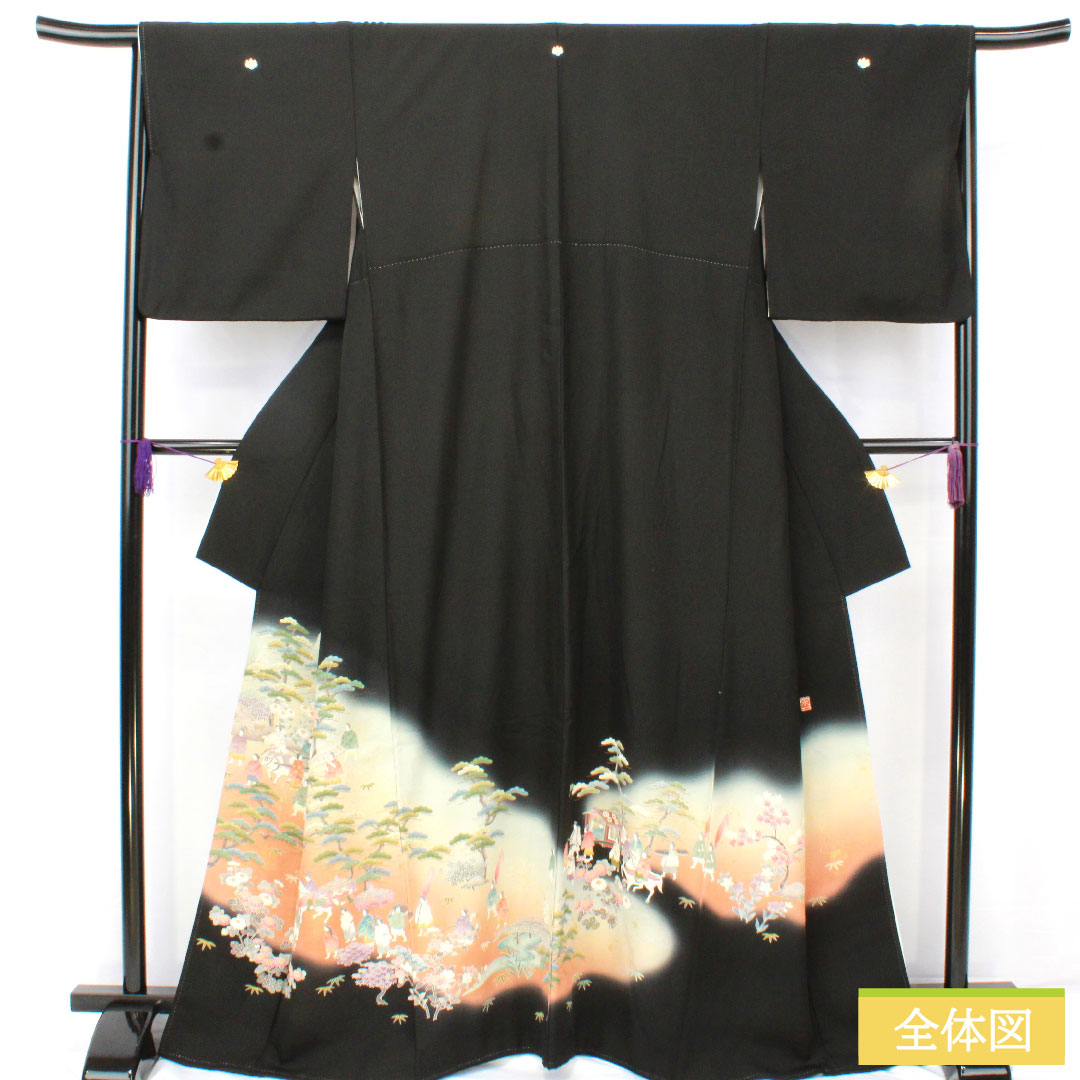 Black formal kimono, pure silk, length 165cm, sleeve length 66cm, lined, Kyoto yuzen, period figure and landscape pattern, artist's work, five crests, five-three paulownia, A rank, black, 1111001633510