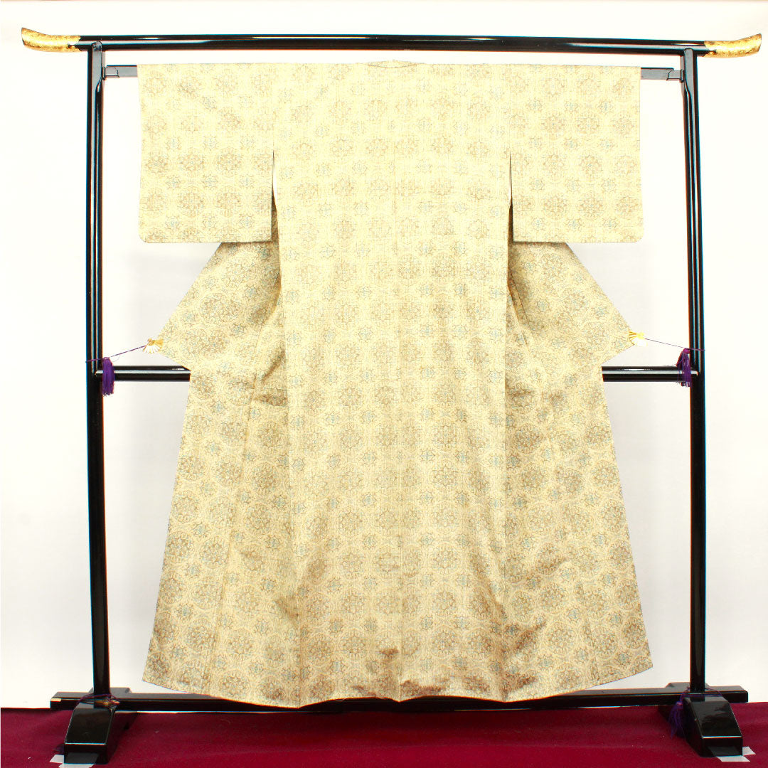 紬 身丈156cm 裄丈62cm 未使用品 しつけ糸付き 東京白茶色 抽象模様 正絹 Sランク 袷 クリーム系 1116002252315