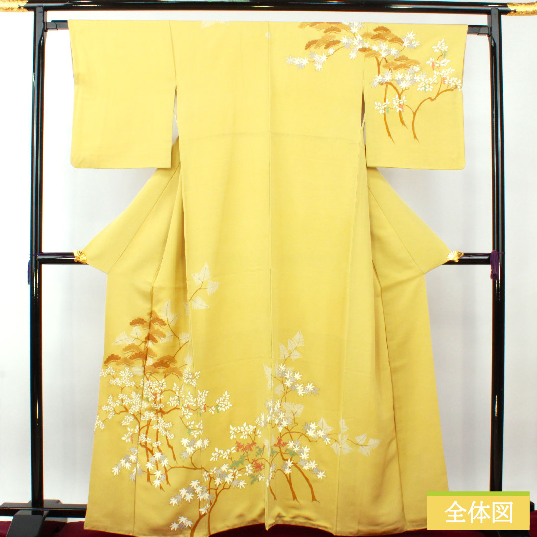 訪問着 正絹 袷 身丈164cm 裄丈64cm 窃黄色(せっこういろ) 京友禅 秋草模様 一つ紋 五本末広扇 Aランク 黄系 1112004323423