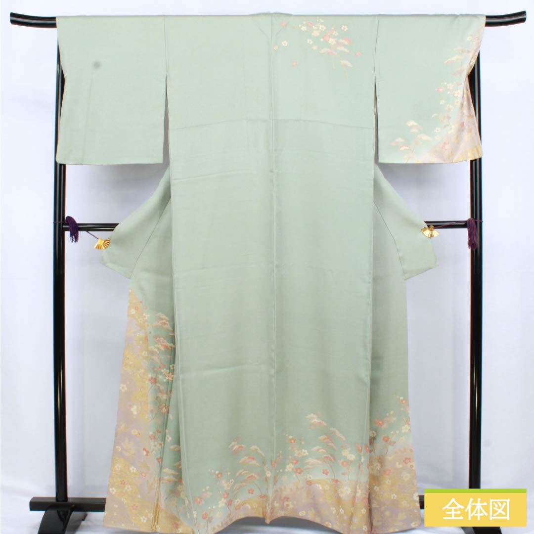 訪問着 正絹 Sランク 袷 身丈161cm 裄丈64cm 百緑色(びゃくろくいろ) 京友禅 草花 三松シルクケア 緑系 1112006222419