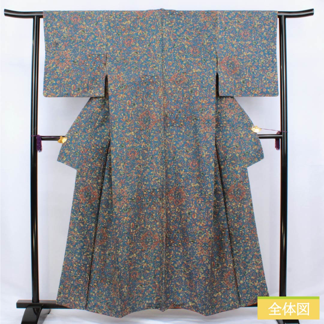 Komon silk S-rank kimono, length 158cm, sleeve length 63cm, lined, blue-tinted chintz, blue-toned, 1115006632317