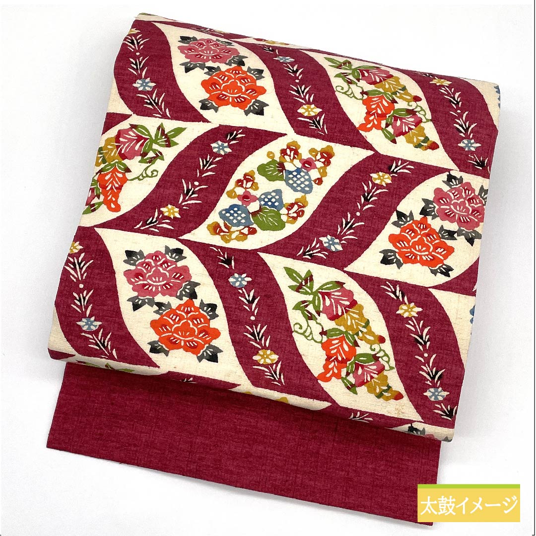名古屋帯 正絹 深緋色(ふかきあけいろ) 花柄 帯丈355cm Sランク 六通 カジュアル 赤系 1124006362312 名古屋仕立て