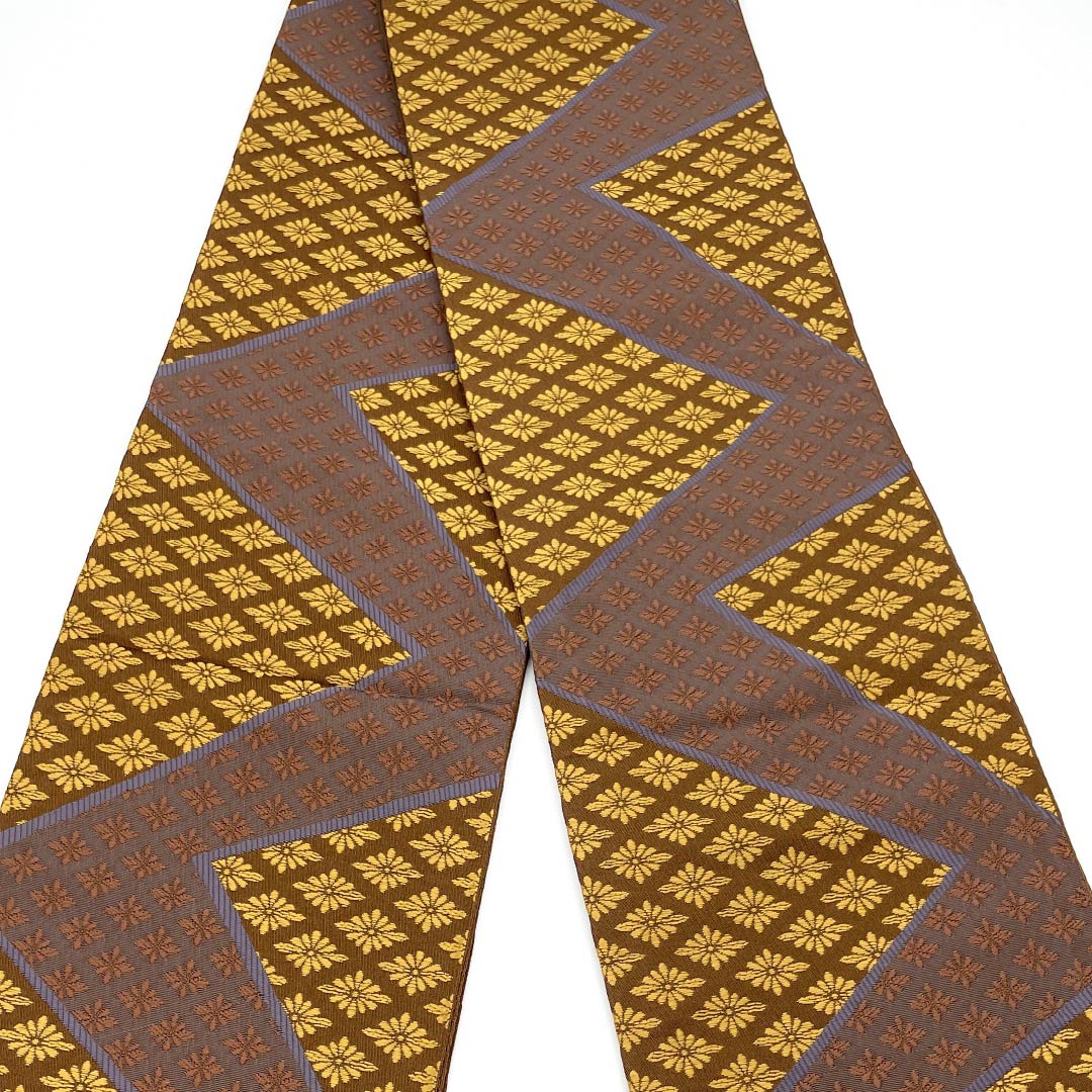 (Unmade) Half-width obi, polyester, Yokan color, Kikubishi pattern, obi length 400cm, brown, S rank, 1125001772414