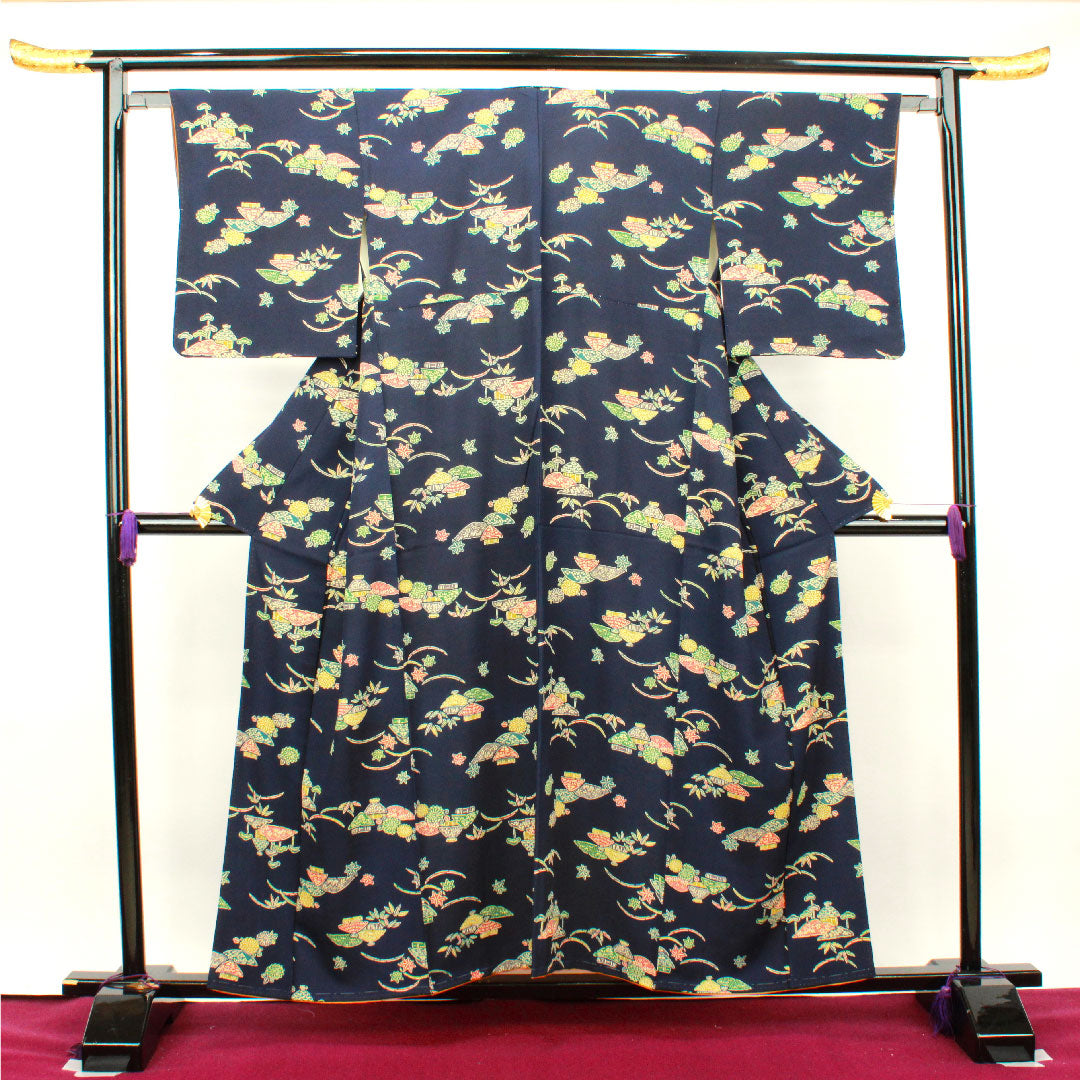 小紋 身丈155cm 裄丈63cm 袷 濃紺色 型染 正絹 Aランク 紺系 1115002983318