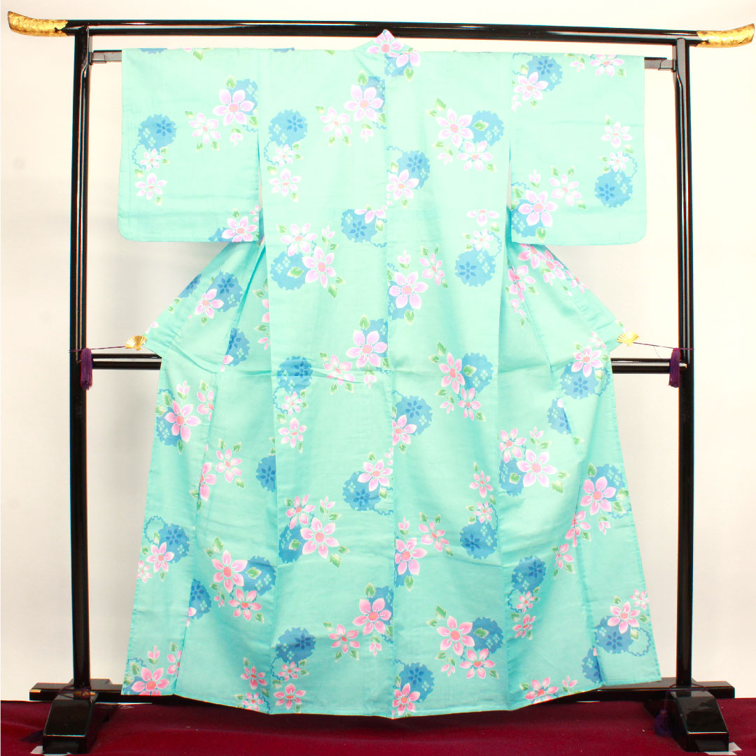 浴衣 水色 雪輪 抽象模様 木綿 Sランク 単衣 身丈162.5cm 裄丈65cm 水色系 1118002652424