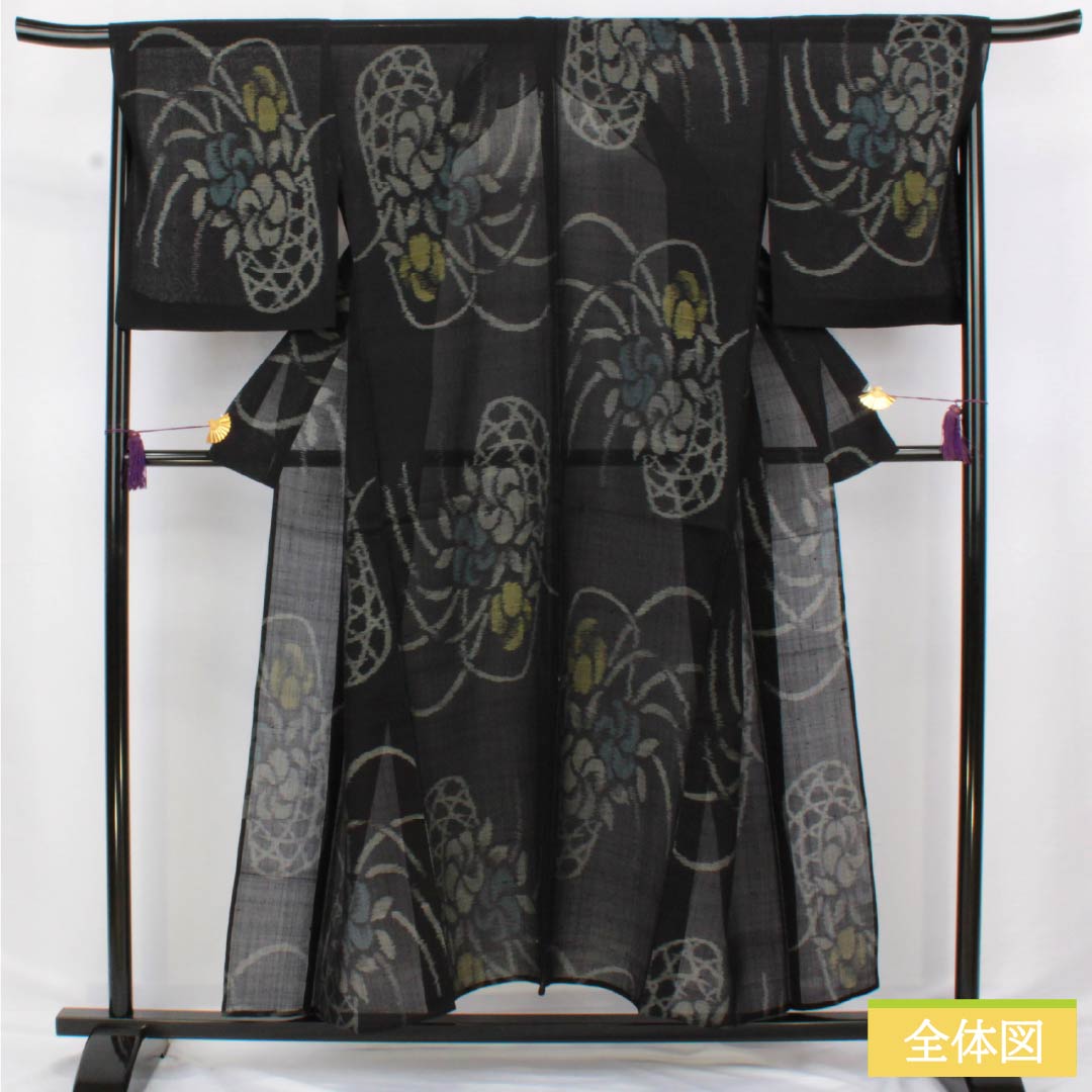 Summer Silk Tsumugi Kimono, Length 152cm, Sleeve Length 69.5cm, Flower Basket, Gauze, S Rank, Black, 1132002842210