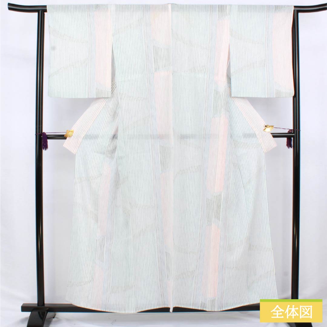 夏物 ポリエステル 小紋 身丈157.5cm 裄丈64.5cm 縞 洗える着物 刺繍 紗 Sランク 白系 1132002552311