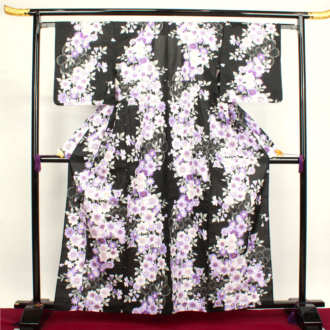 浴衣 桜 木綿 Sランク 単衣 身丈161.5cm 裄丈65.5cm 黒系 1118001492410