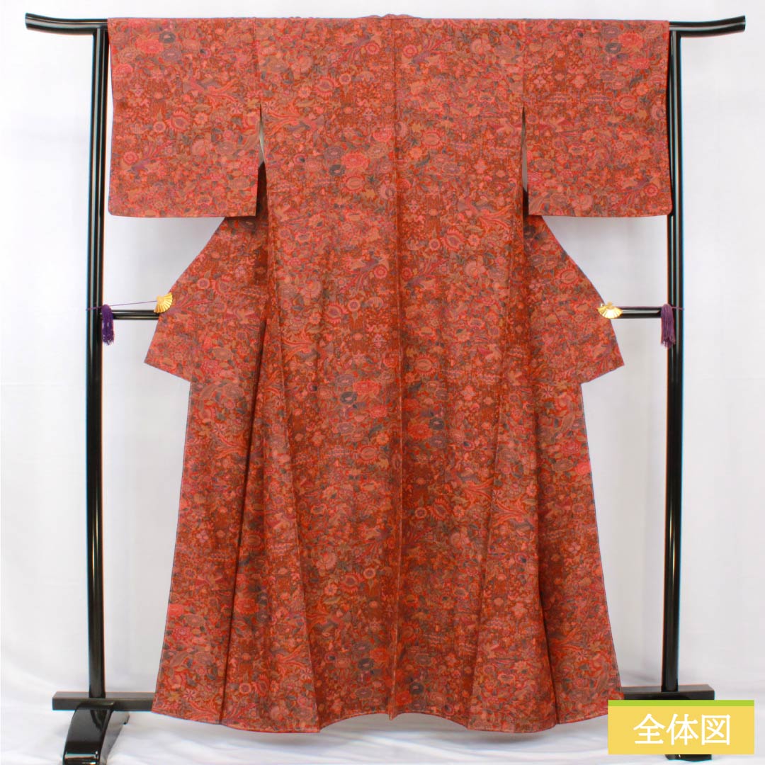 小紋 正絹 身丈159.5cm 裄丈64cm 袷 猩々茶色(しょうじょうちゃいろ) 型染 更紗模様 しつけ糸付き Sランク 茶系 1115005012314