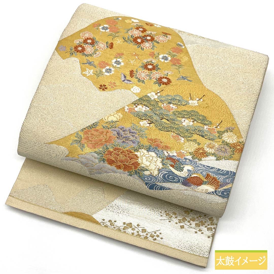 袋帯 正絹 Aランク 生成り色(きなりいろ) 綴れ織 留袖用 遠山 古典柄 帯丈448cm ポイント柄 フォーマル クリーム系 1123015313315