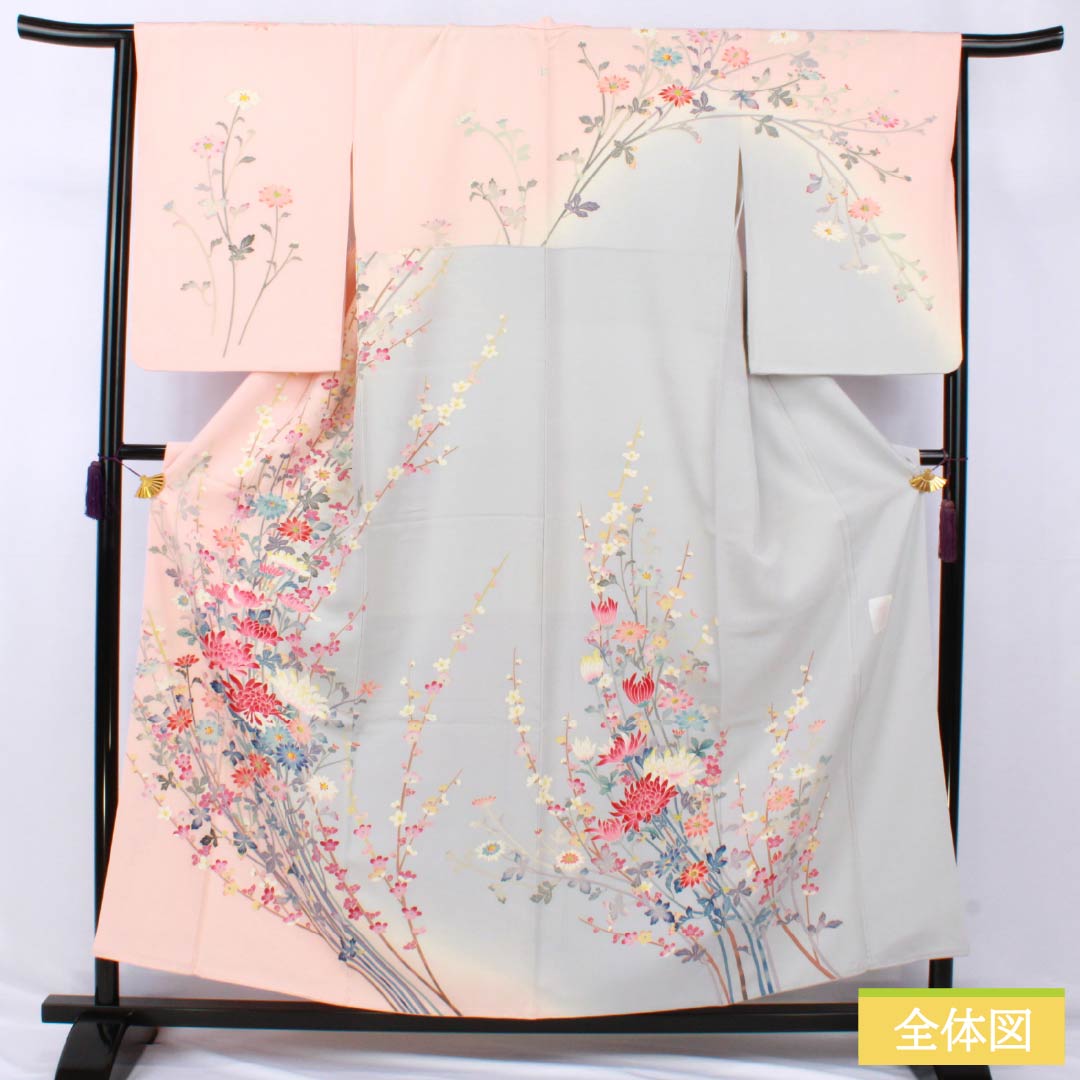 Visiting Kimono, Pure Silk, A-Rank, Lined, Length 157cm, Sleeve Length 65.5cm, Otomeiro (Girl's Color), Single Crest, Mokko (Pink Quince) Design, Kaga Yuzen, All-Flower Design, Artist's Work, Pink, Product Number: 1112006873313