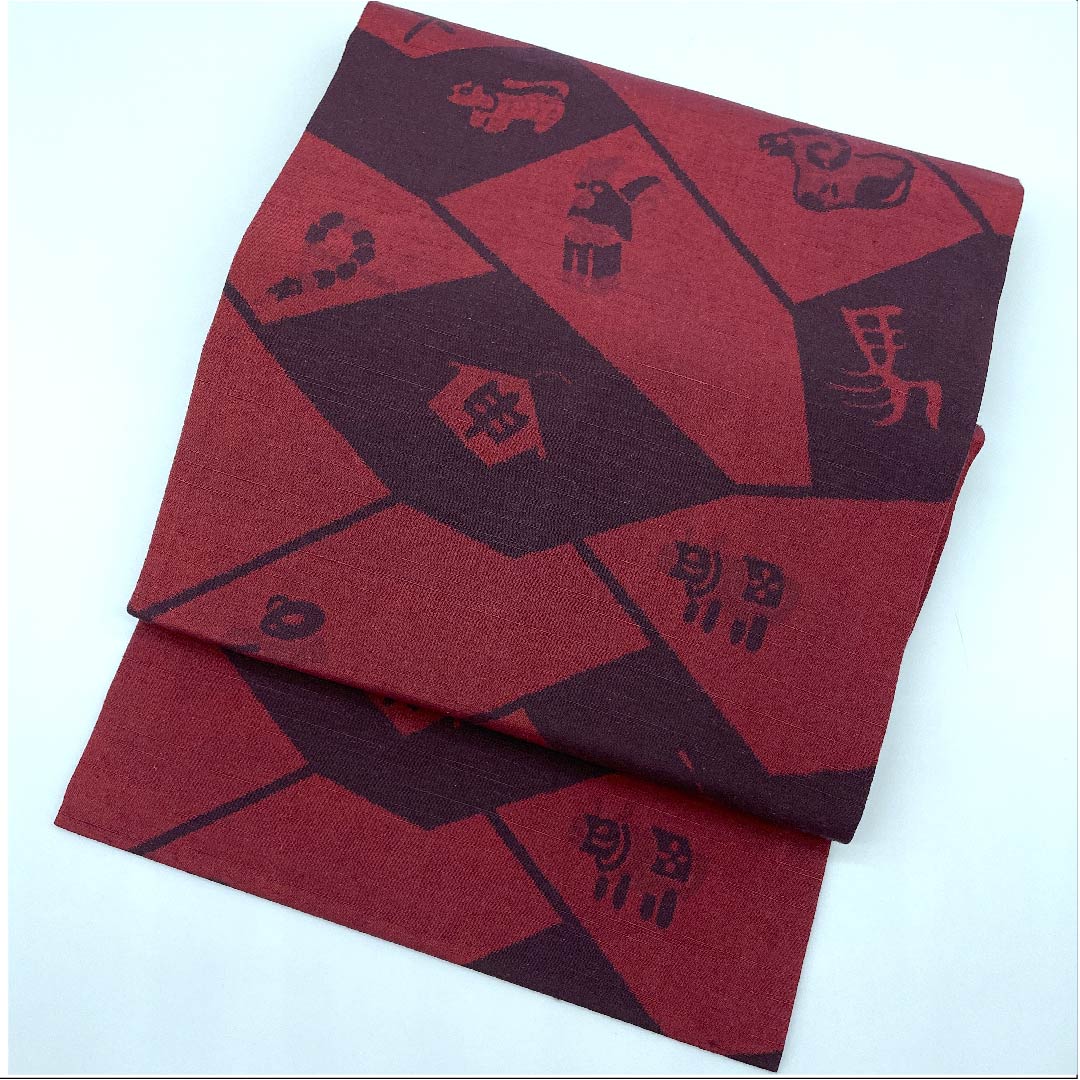 名古屋帯 深緋色 勇屋織物 干支 帯丈414cm 正絹 Sランク 全通 カジュアル 朱系 1124004652316 名古屋仕立て